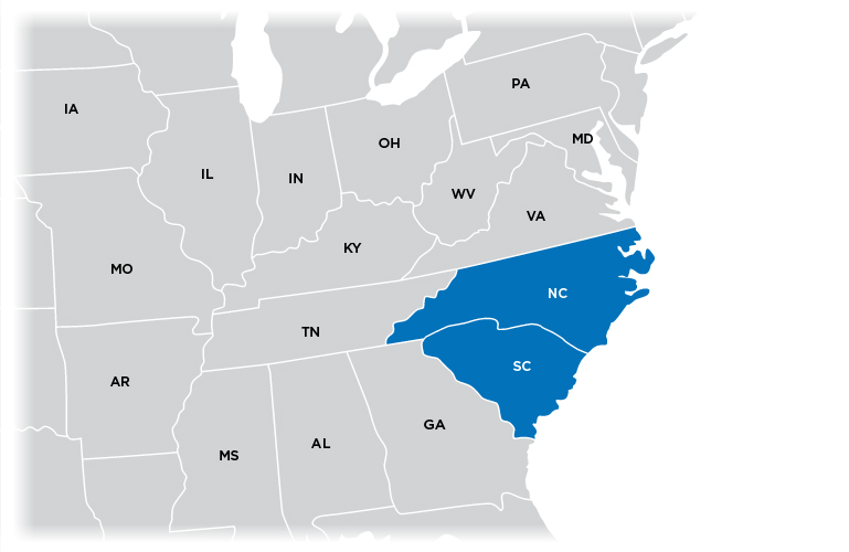 Technical Representative Map - Carolinas region shown