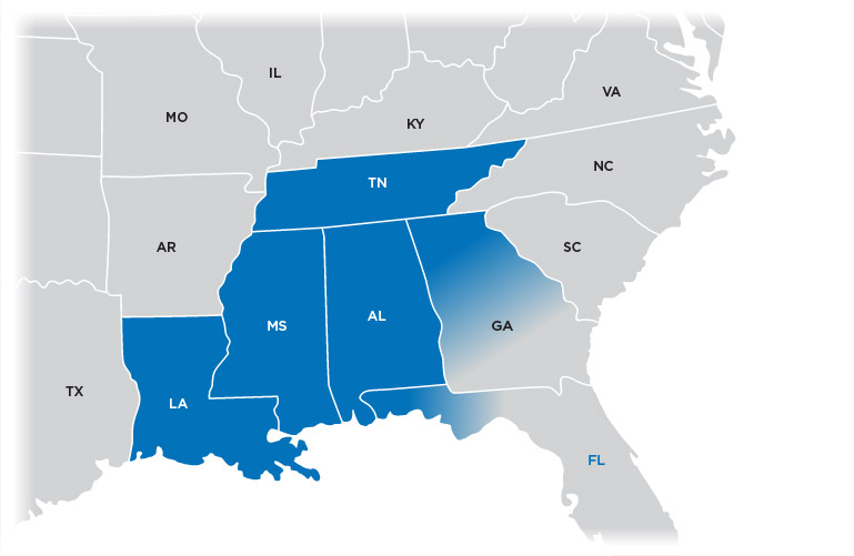 Technical Representative Map - Tennessee/Alabama region shown